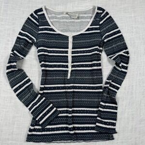 Lucky Brand Striped Henley Waffle Thermal Top‎ Women S Preppy Granola Fair Isle